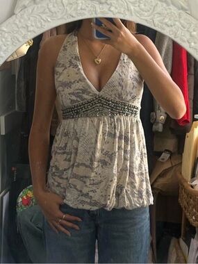 Vintage Beaded V-Neck Halter Tank Top